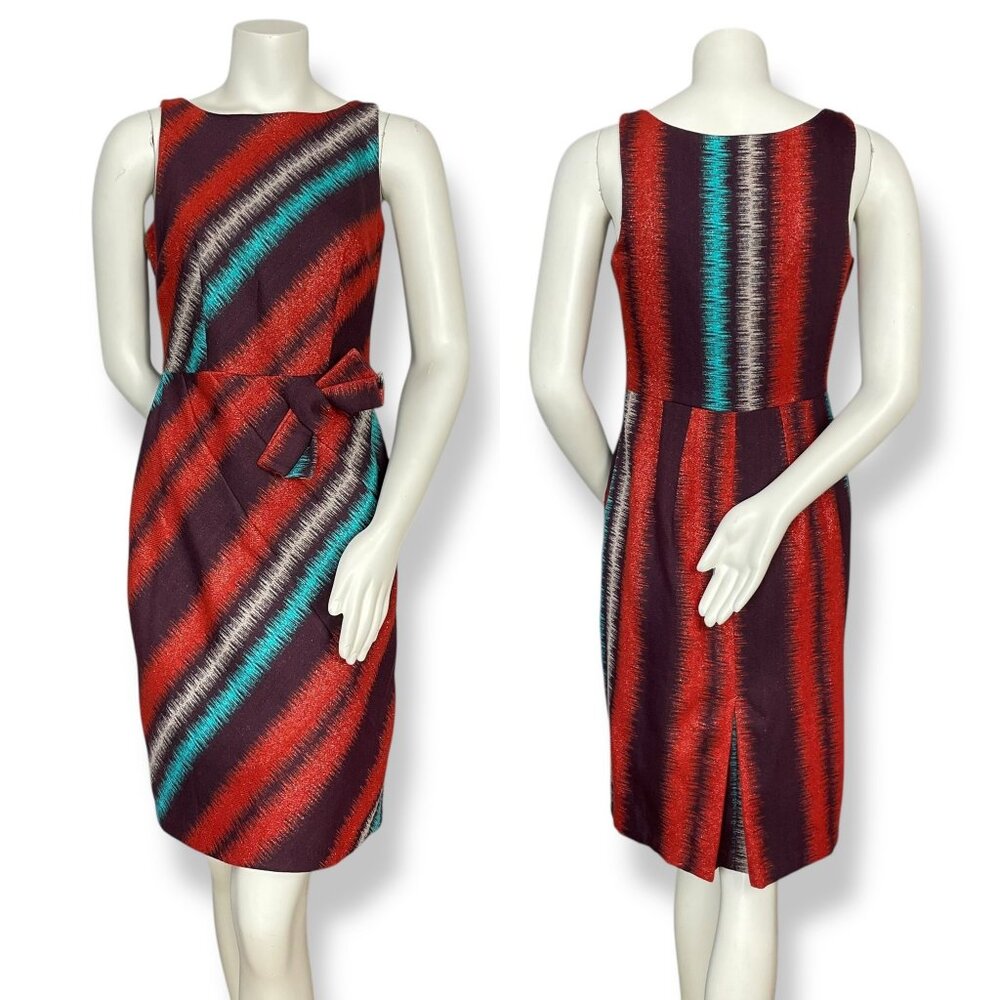Eva Franco Dress Sheath Metallic Thread Bow Waist Size 6 Women Orange‎ Maroon
